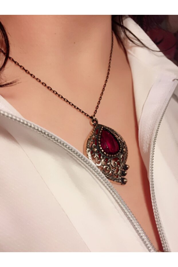 Vintace Antique Copper Necklace with Red Zircon Stone