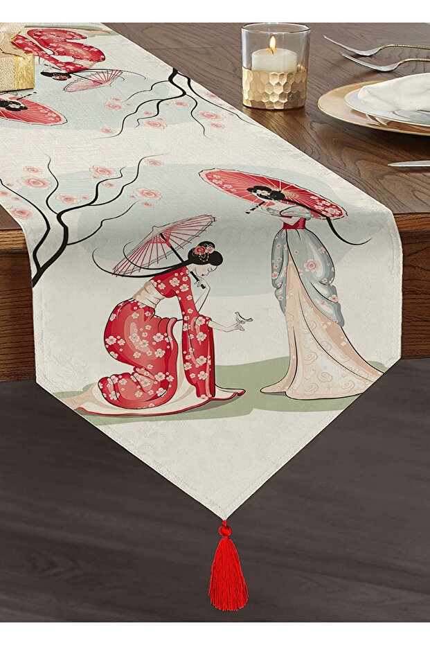 Japanese Girls Modern Tufted Chenille Triangle Runner with Branch Detail Umbrella