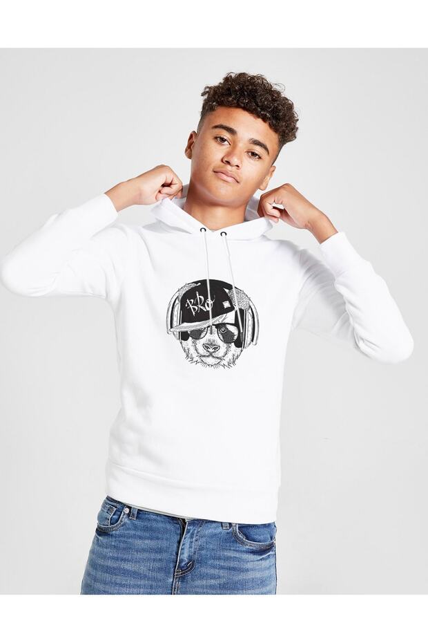 Printed Unisex Children's Hooded White Sweatshirt with Glasses, Headphones and Hip Hop Hat