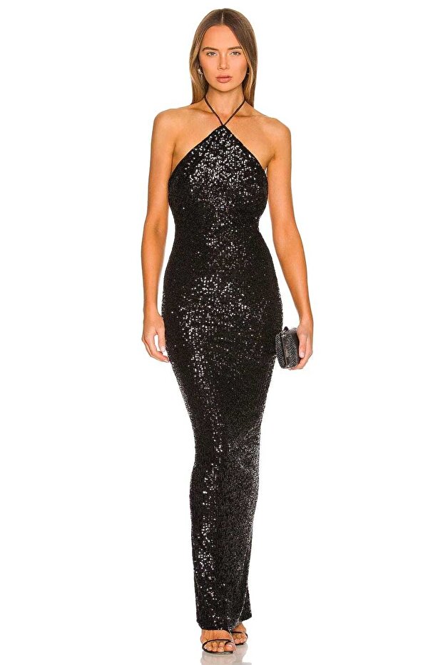 Women's Black High Quality Lycra Sequin Backless Dress