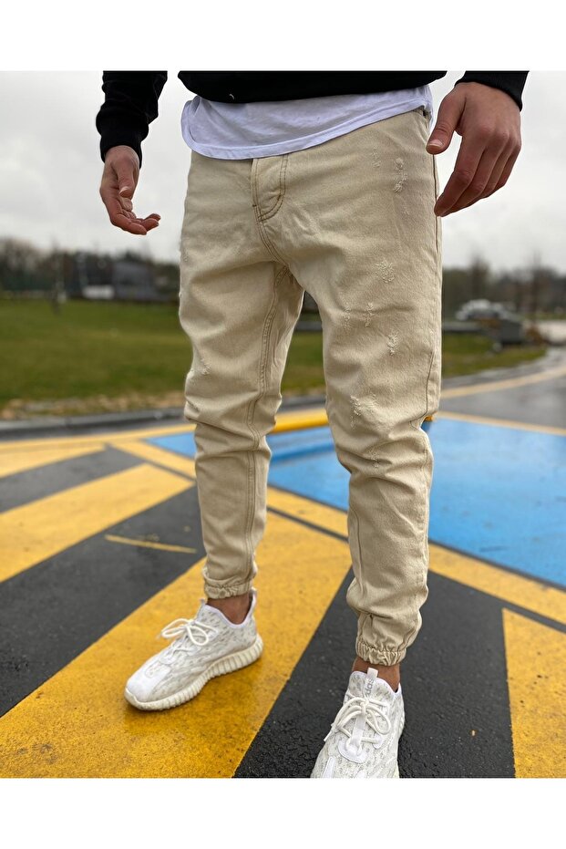 Men's Cream Elastic Leg Jogger Denim Trousers Relaxed Fit Jeans