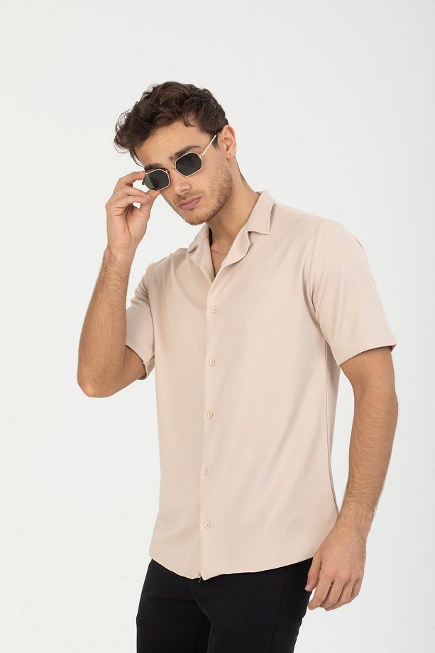 Bej Regular Fit Kısa Kollu Erkek Gömlek - 1