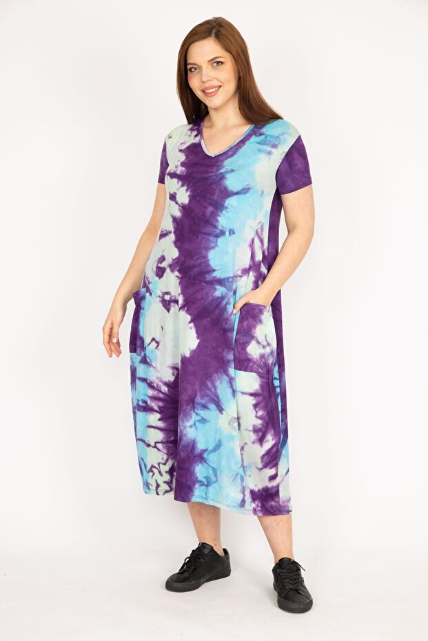 Women's Purple Large Size Tie-Dye Pattern V-Neck Pocket Dress 65n33979