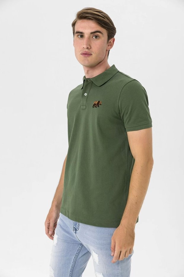 Polo Neck Bear Embroidery Detailed Men's T-shirt