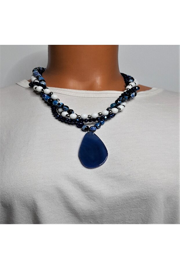 Navy Blue Agate White Agate Navy Blue Crystal Triple Peace and Mental Clarity Necklace