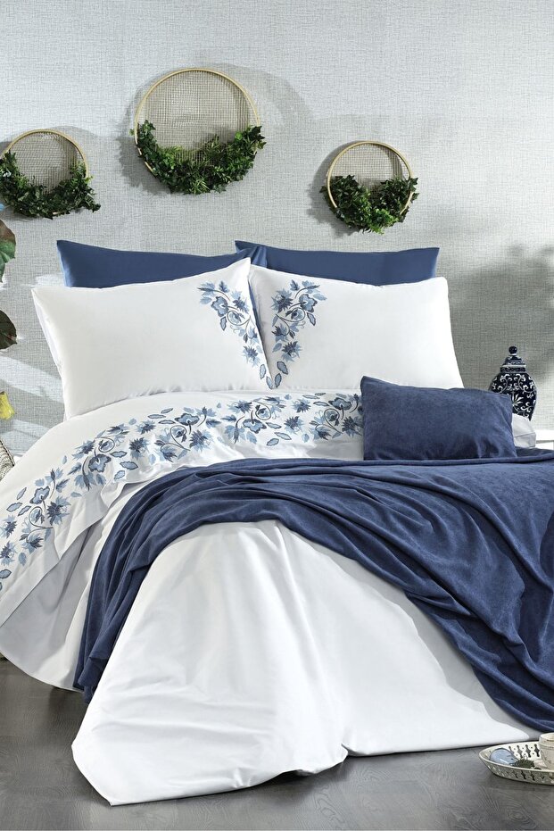 Talya Double Blue Duvet Cover Set with 8 Pieces Embroidery and Microcomb Bedspread