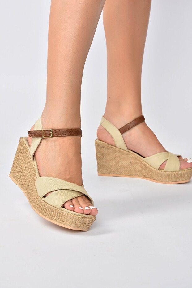 Damskie beżowe, lniane buty na koturnie - 2