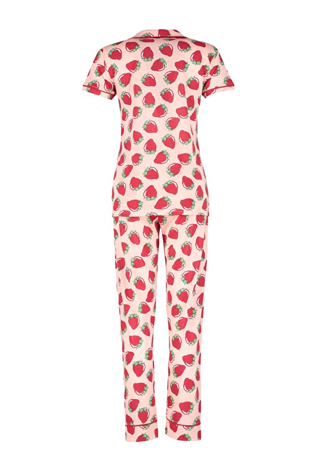 Pembe Çilek Desenli Biyeli Uyku Bantlı Örme Pijama Takımı THMSS21PT0784 - 7