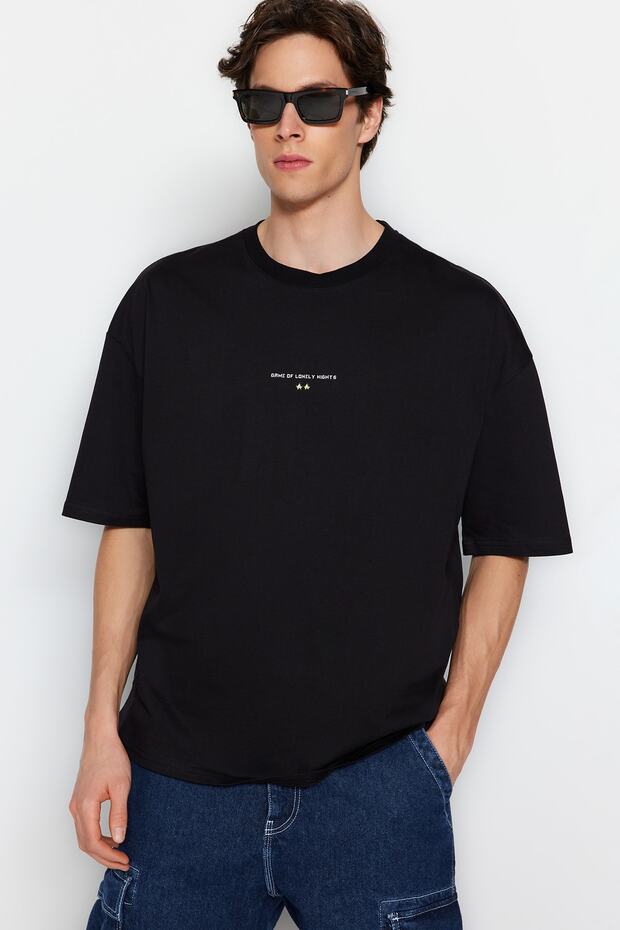 Siyah Oversize/Geniş Kesim Kısa Kol Game Over Sırt Baskılı %100 Pamuk T-Shirt TMNSS23TS00247 - 3