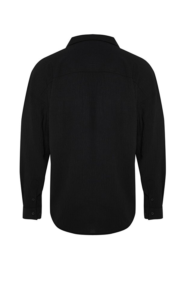 Siyah Oversize Fit Apaş Yaka Yazlık Keten Görünümlü Gömlek TMNSS23GO00053 - 12