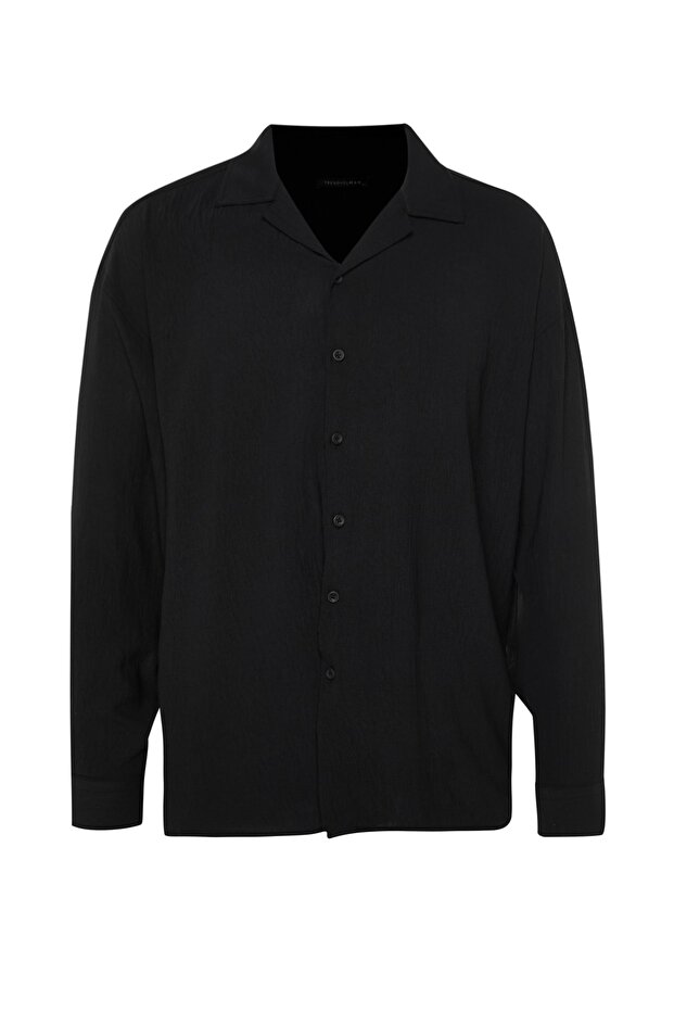 Siyah Oversize Fit Apaş Yaka Yazlık Keten Görünümlü Gömlek TMNSS23GO00053 - 11