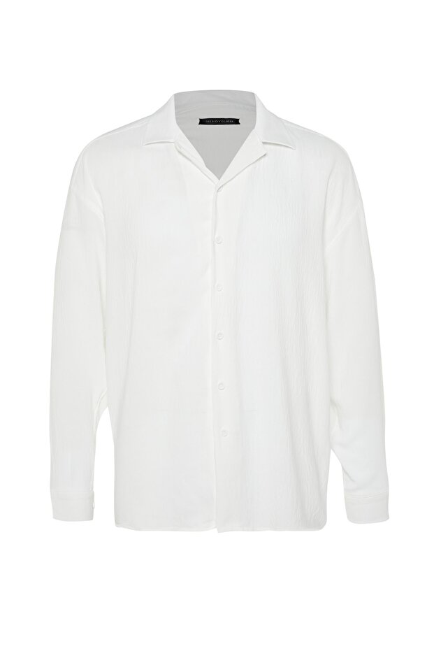 Beyaz Oversize Fit Apaş Yaka Yazlık Keten Görünümlü Gömlek TMNSS23GO00053 - 7