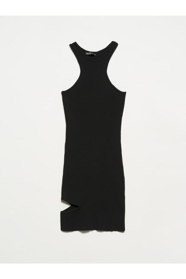 90135 Crew Neck Ribbed Short Knitwear Dress-black