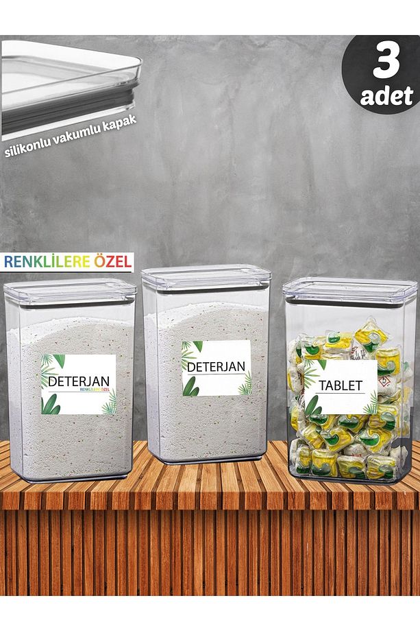 3lü Deterjan Kabı , Tablet Kabı Dekoratif Dikdörtgen 2,9 Lt Vakum Kapaklı 3'lü Set Saklama Kutusu - 1