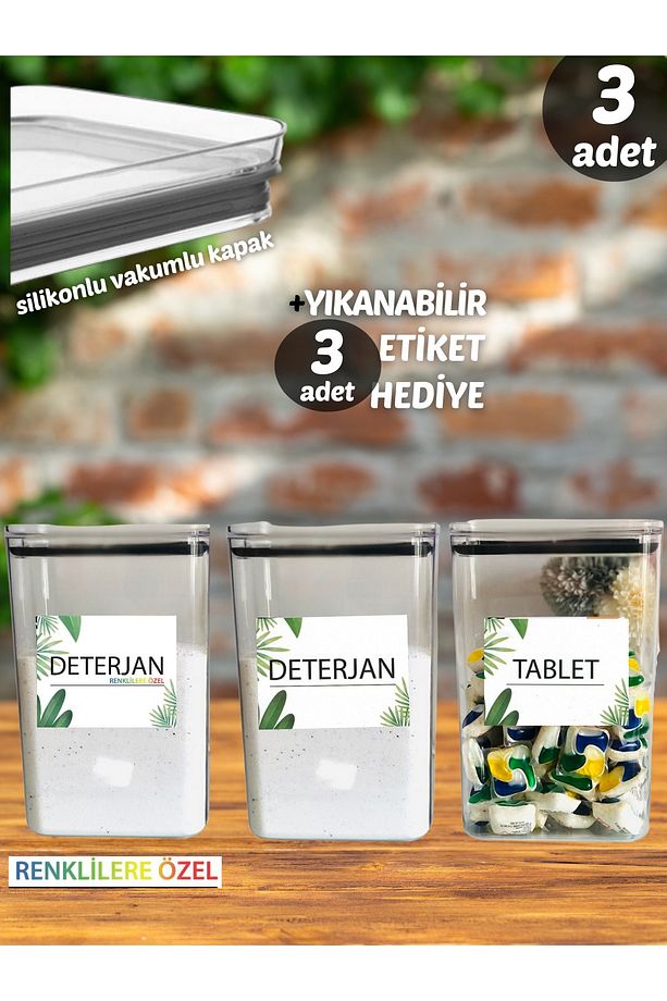 3lü Deterjan Kabı , Tablet Kabı Dekoratif Dikdörtgen 2,9 Lt Vakum Kapaklı 3'lü Set Saklama Kutusu - 2