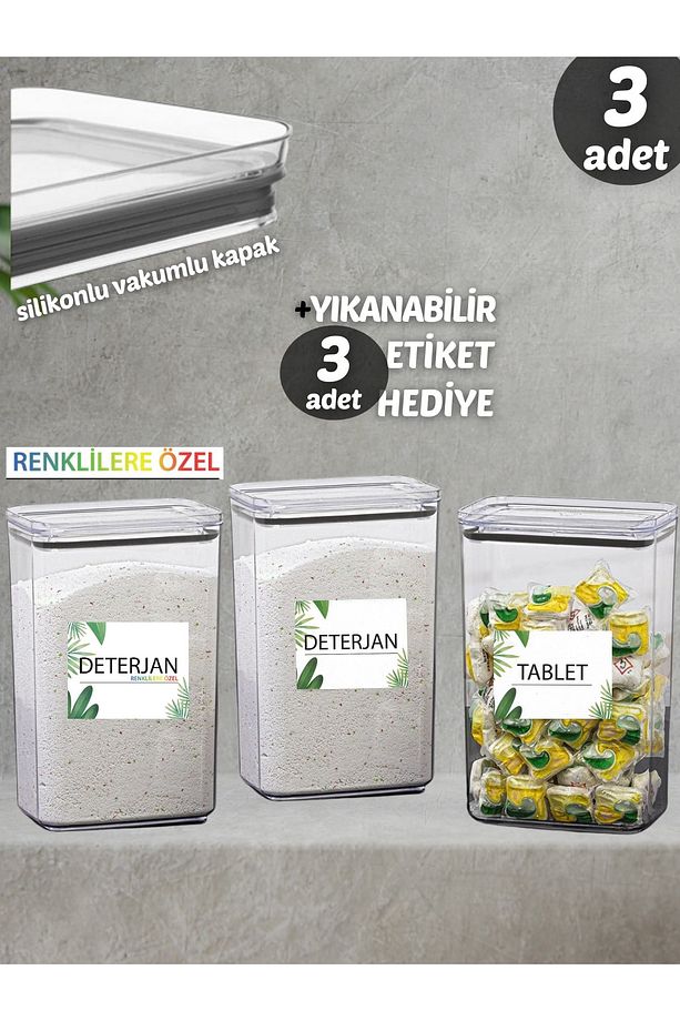 3lü Deterjan Kabı , Tablet Kabı Dekoratif Dikdörtgen 2,9 Lt Vakum Kapaklı 3'lü Set Saklama Kutusu - 3