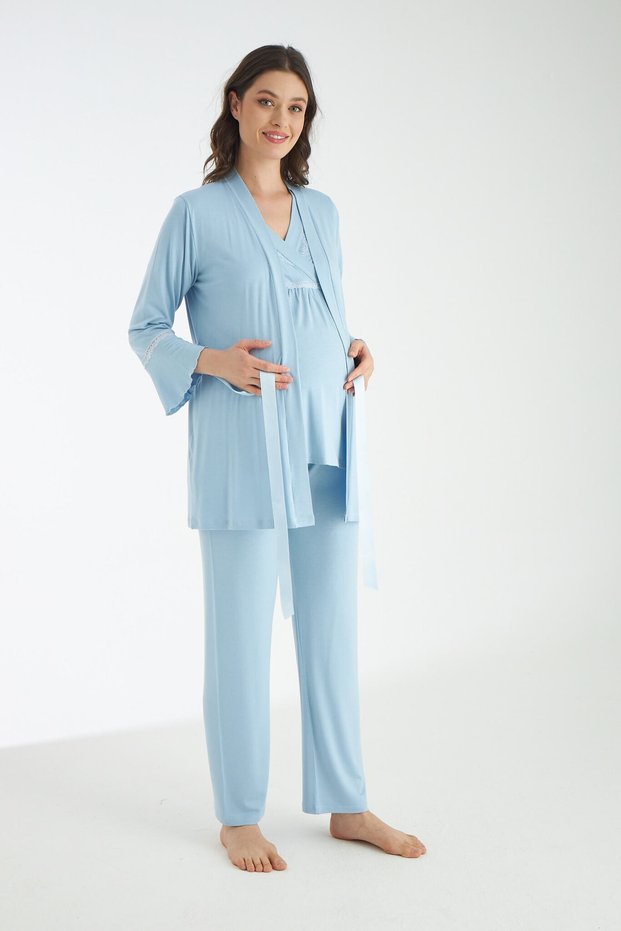 Baby Blue Lace Detailed 3-Piece Maternity and Maternity Pajamas Set with Dressing Gowns