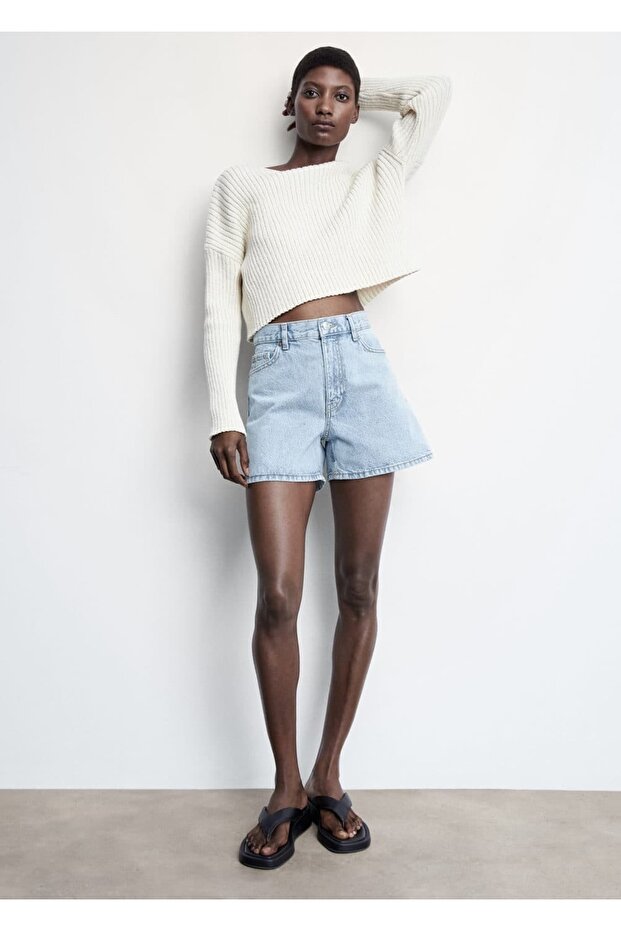 Yüksek Belli Denim Şort - 7
