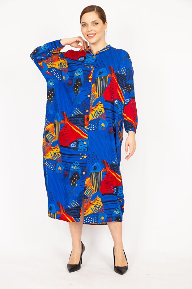 Women's Cobalt Blue Plus Size Woven Viscose Fabric Front Length Buttoned Dress 65n35965
