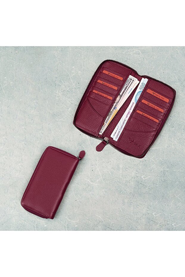 Unisex Calf Leather Wallet with Phone Holder Zipper and Hidden Compartment