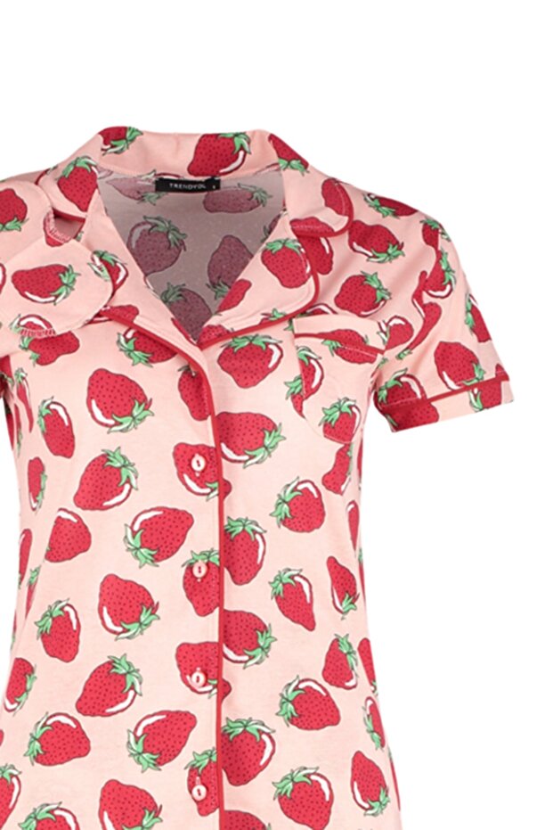Pembe Çilek Desenli Biyeli Uyku Bantlı Örme Pijama Takımı THMSS21PT0784 - 6