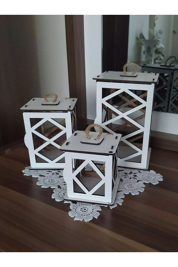 3'lü Mini Ahşap Dekoratif Süs Fener Seti - 3
