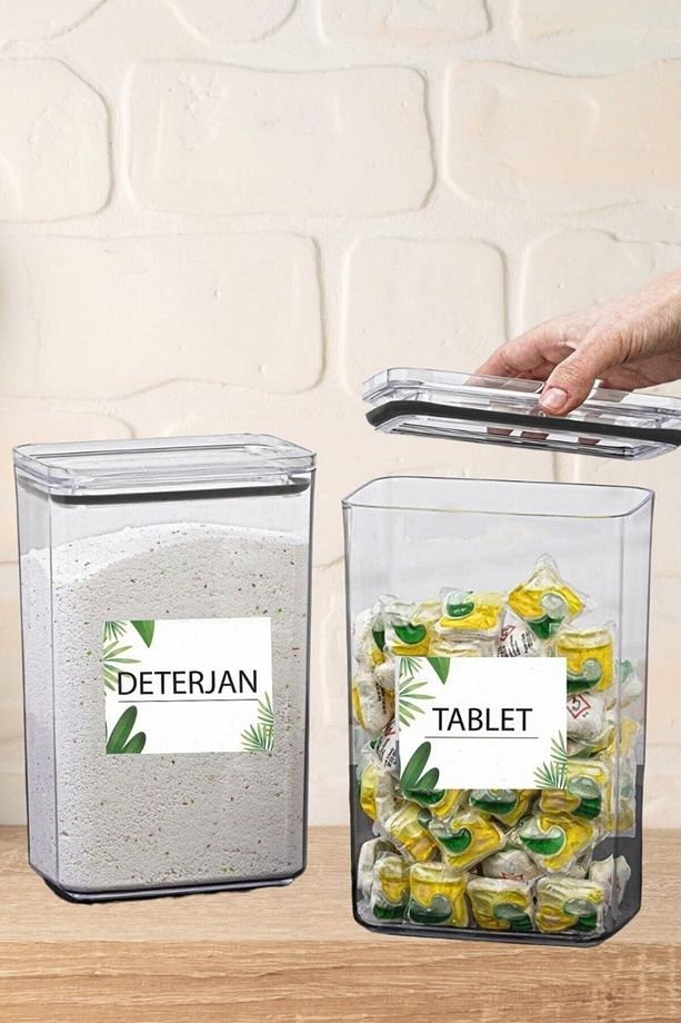 Çok Amaçlı Dekoratif Dikdörtgen 2,9lt Vakum Kapaklı 2li Set Tablet/deterjan Kabı Deterjan Kutusu - 5