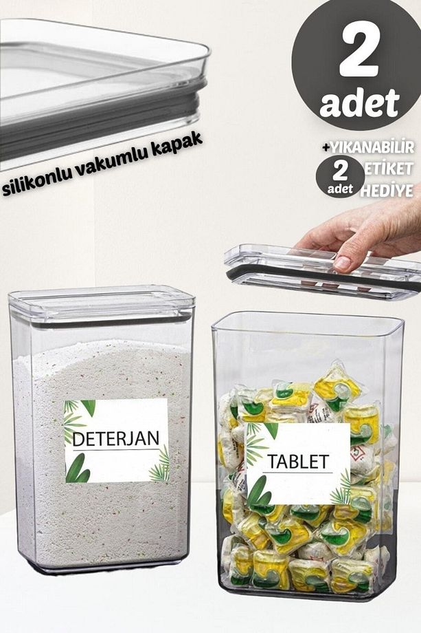 Çok Amaçlı Dekoratif Dikdörtgen 2,9lt Vakum Kapaklı 2li Set Tablet/deterjan Kabı Deterjan Kutusu - 6