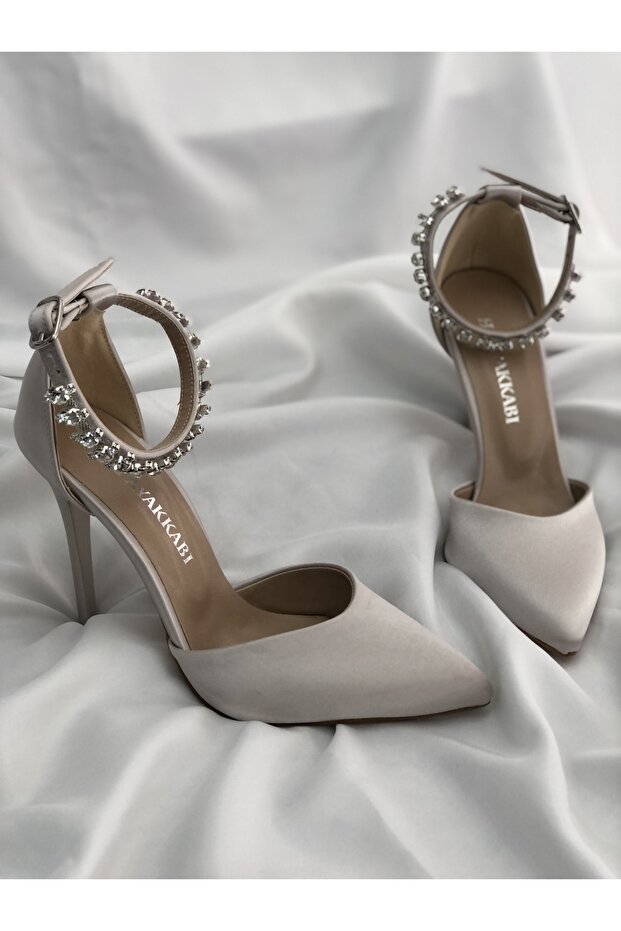Beige Satin Heeled Jeweled Stiletto