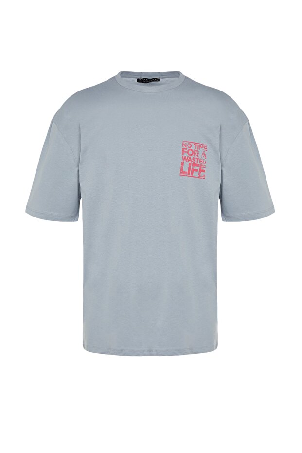 Gri Oversize/Geniş Kesim Bisiklet Yaka Yazı Baskılı %100 Pamuk T-Shirt TMNSS21TS1685 - 8