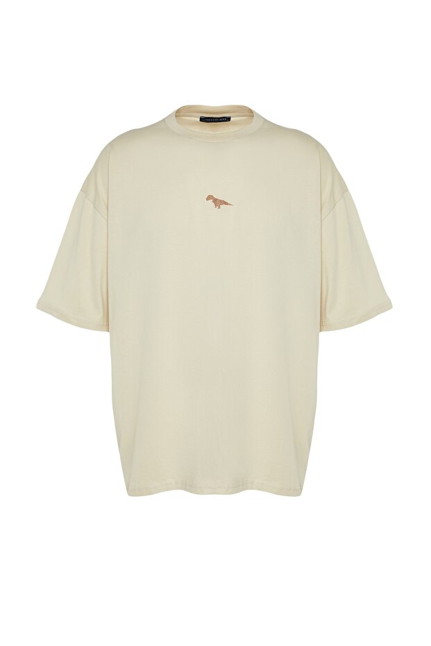 Taş Oversize/Geniş Kesim Bisiklet Yaka Kısa Kol Dinozor İşlemeli T-Shirt TMNSS23TS00243 - 6