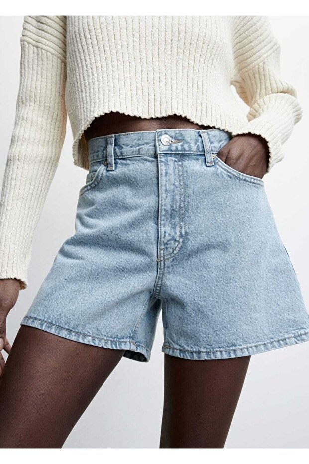 Yüksek Belli Denim Şort - 1