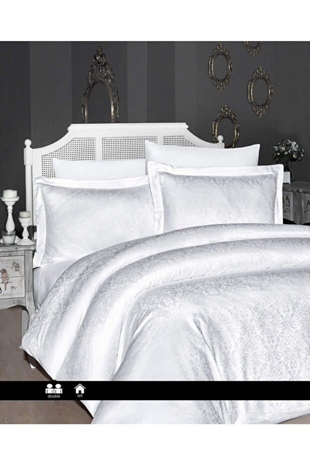 First Choice Jacquard Satin Duvet Cover Set Mısra White