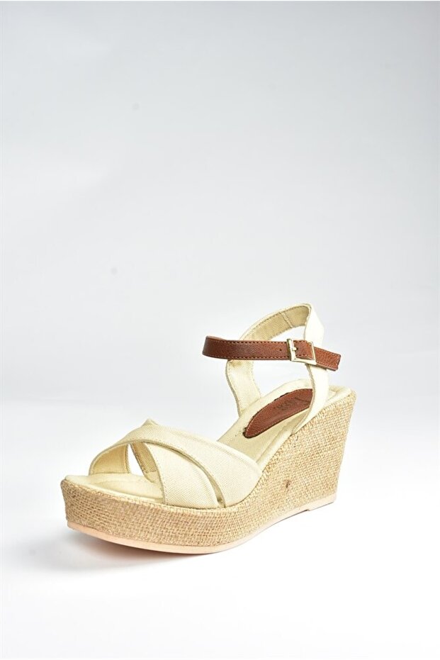 Damskie beżowe, lniane buty na koturnie - 4