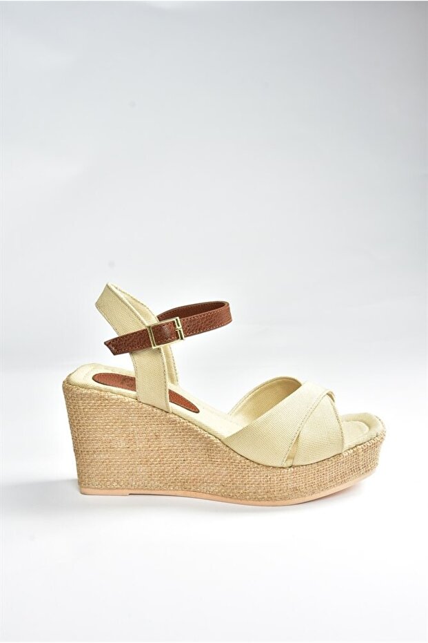 Damskie beżowe, lniane buty na koturnie - 5