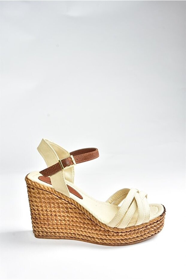 Damskie beżowe lniane buty na koturnie K674194105 - 4