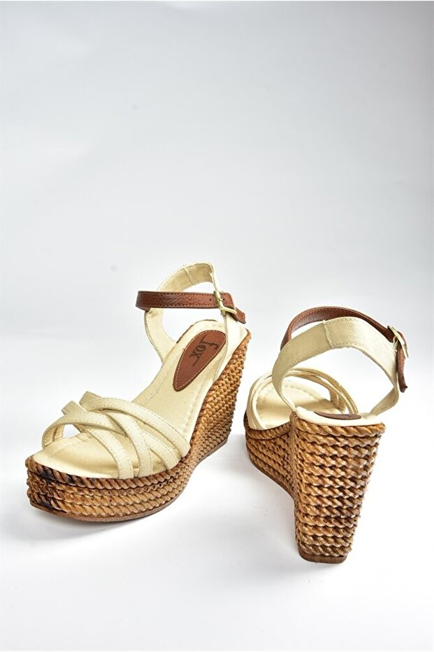 Damskie beżowe lniane buty na koturnie K674194105 - 5