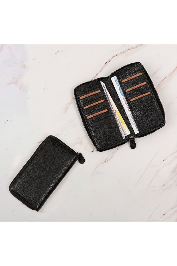 Unisex Calf Leather Wallet with Phone Holder Zipper and Hidden Compartment