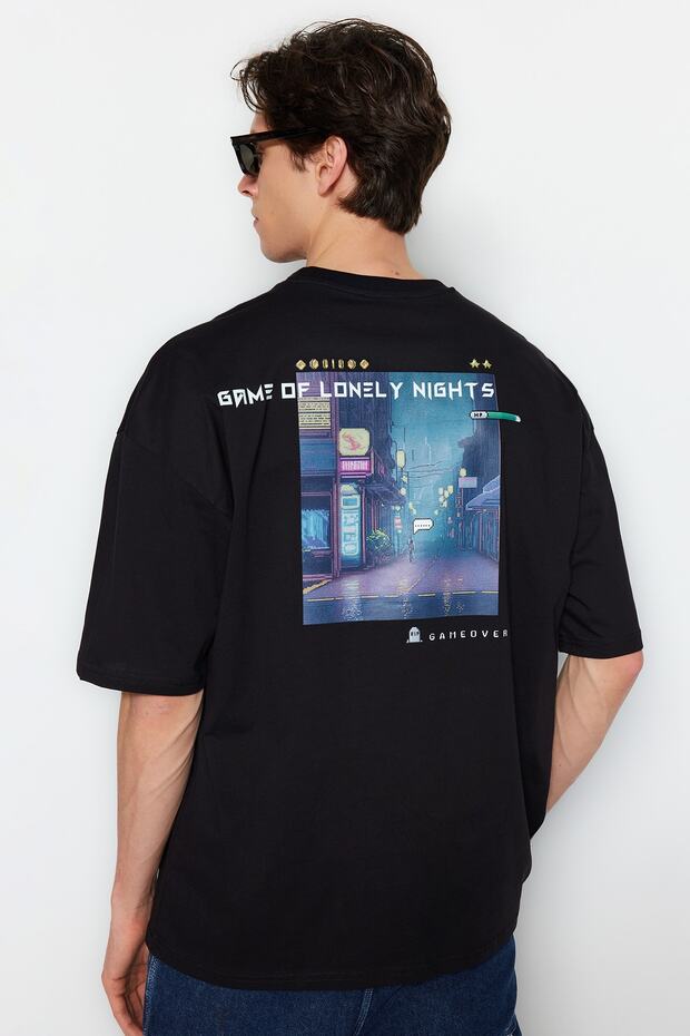 Siyah Oversize/Geniş Kesim Kısa Kol Game Over Sırt Baskılı %100 Pamuk T-Shirt TMNSS23TS00247 - 4