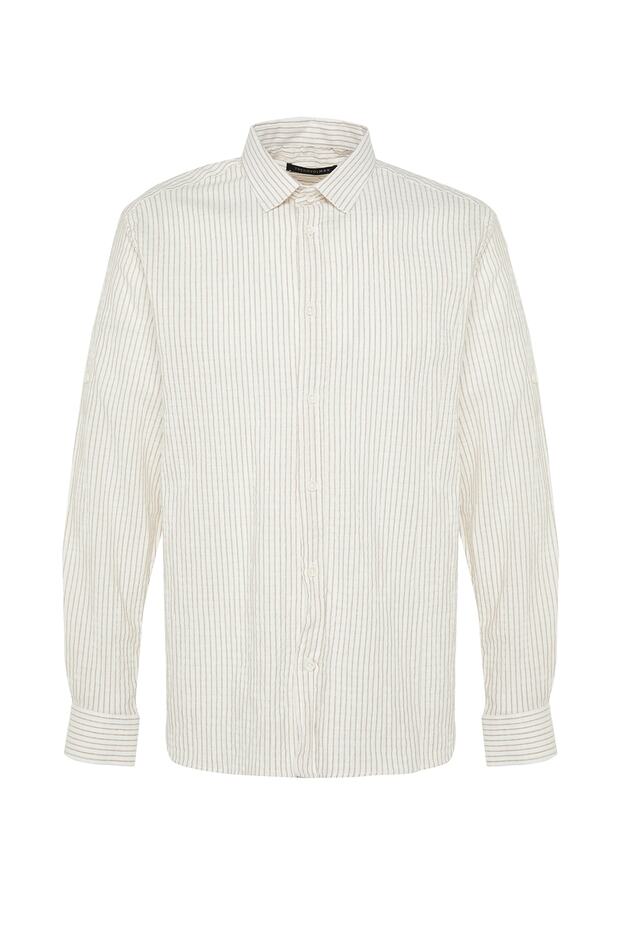 Camel Regular Fit Keten Karışımlı Çizgili Gömlek TMNSS23GO00134 - 6