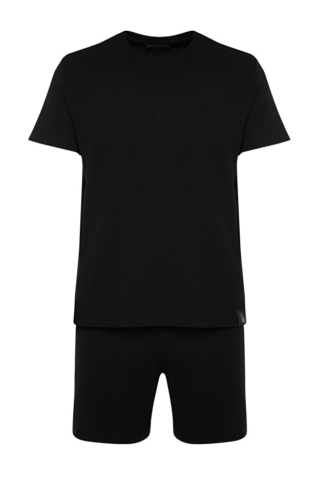 Siyah Regular Regular Fit Waffle Örme Şortlu Kalın Pijama Takımı TMNSS23PT00036 - 9