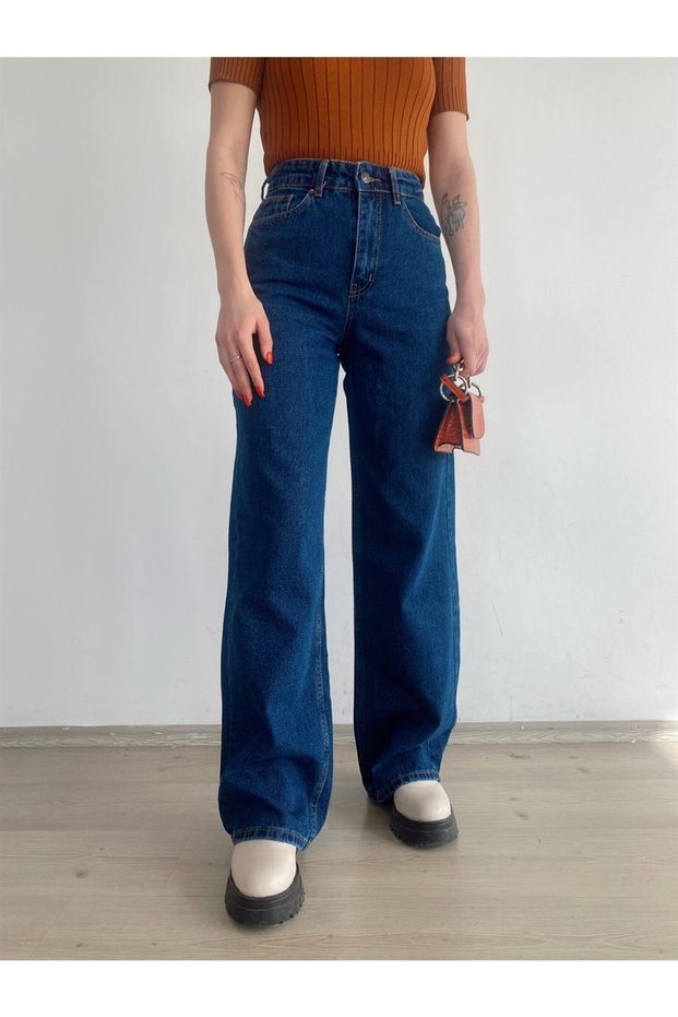Women's Dark Blue Colorfast Palazzo Super High Waist Loose Leg Jeans
