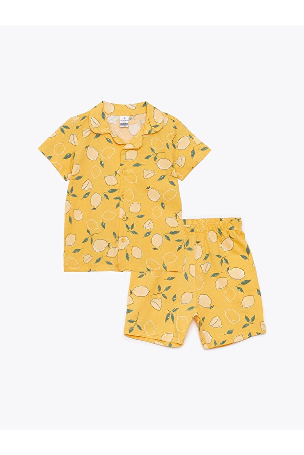 Polo Collar Short Sleeve Printed Baby Girl Pajama Set