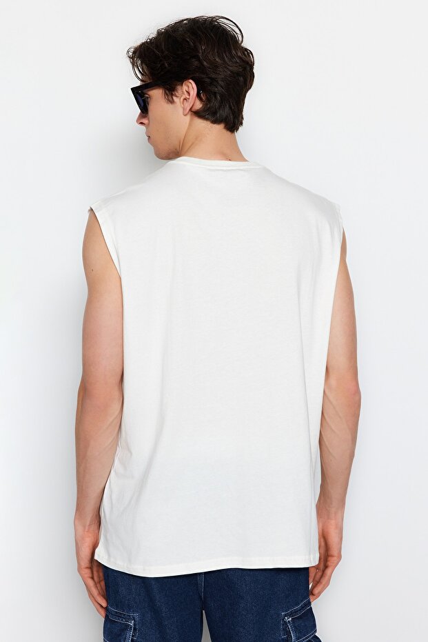 Ekru Oversize/Geniş Kesim Şehir Baskılı %100 Pamuk Kolsuz T-Shirt/Atlet TMNSS23AL00008 - 6