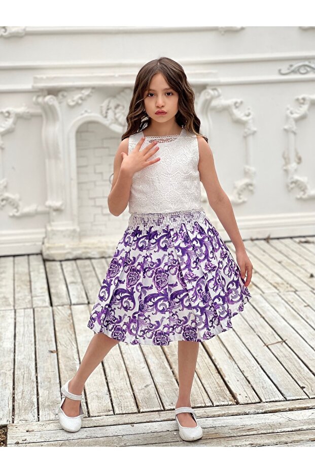 Girl's Lace Blouse and Satin Skirt Double Bottom Top Set