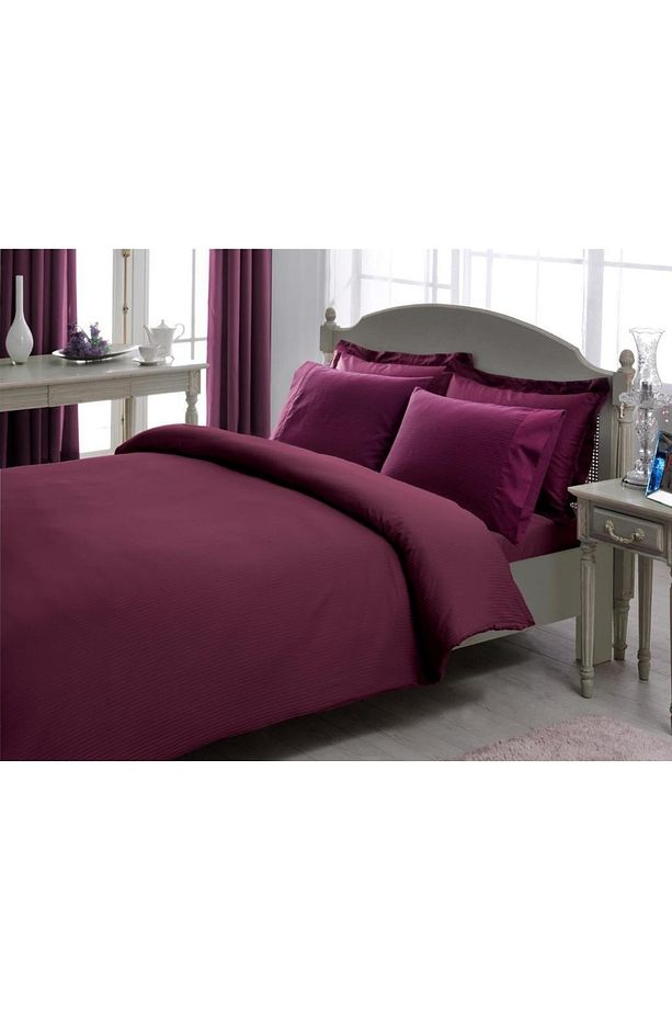 Çift Kişilik Premium Basic Stripe Saten Nevresim Takımı Mürdüm Emh - 1