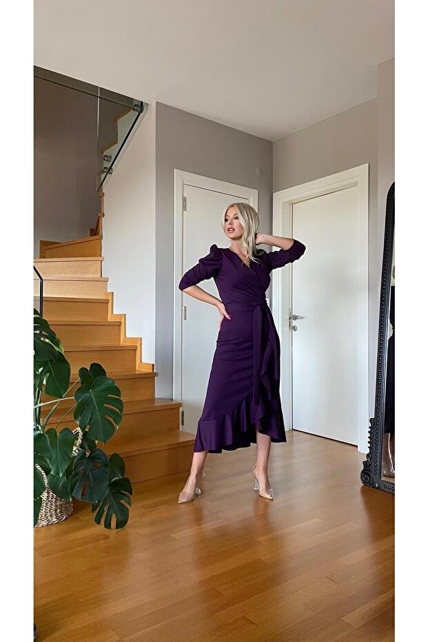 Long Sleeve Belted Double Breasted Collar Midi Skirt Flounced Dress