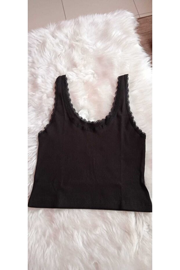 Kalın Askılı Dantel Biyeli Crop Atlet - 1