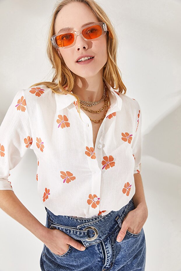 Women's Daisy Orange Sleeve Folded Linen Shirt GML-19000825
