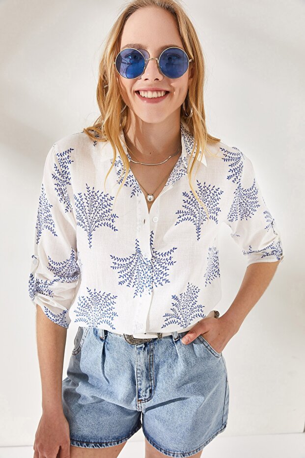 Women's Fan Navy Blue Sleeve Folded Linen Shirt GML-19000825